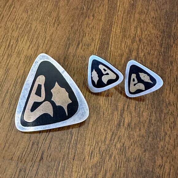 Vintage Mexican Modernist Sterling Silver Brooch & Earrings Set 925 - Picture 13 of 13